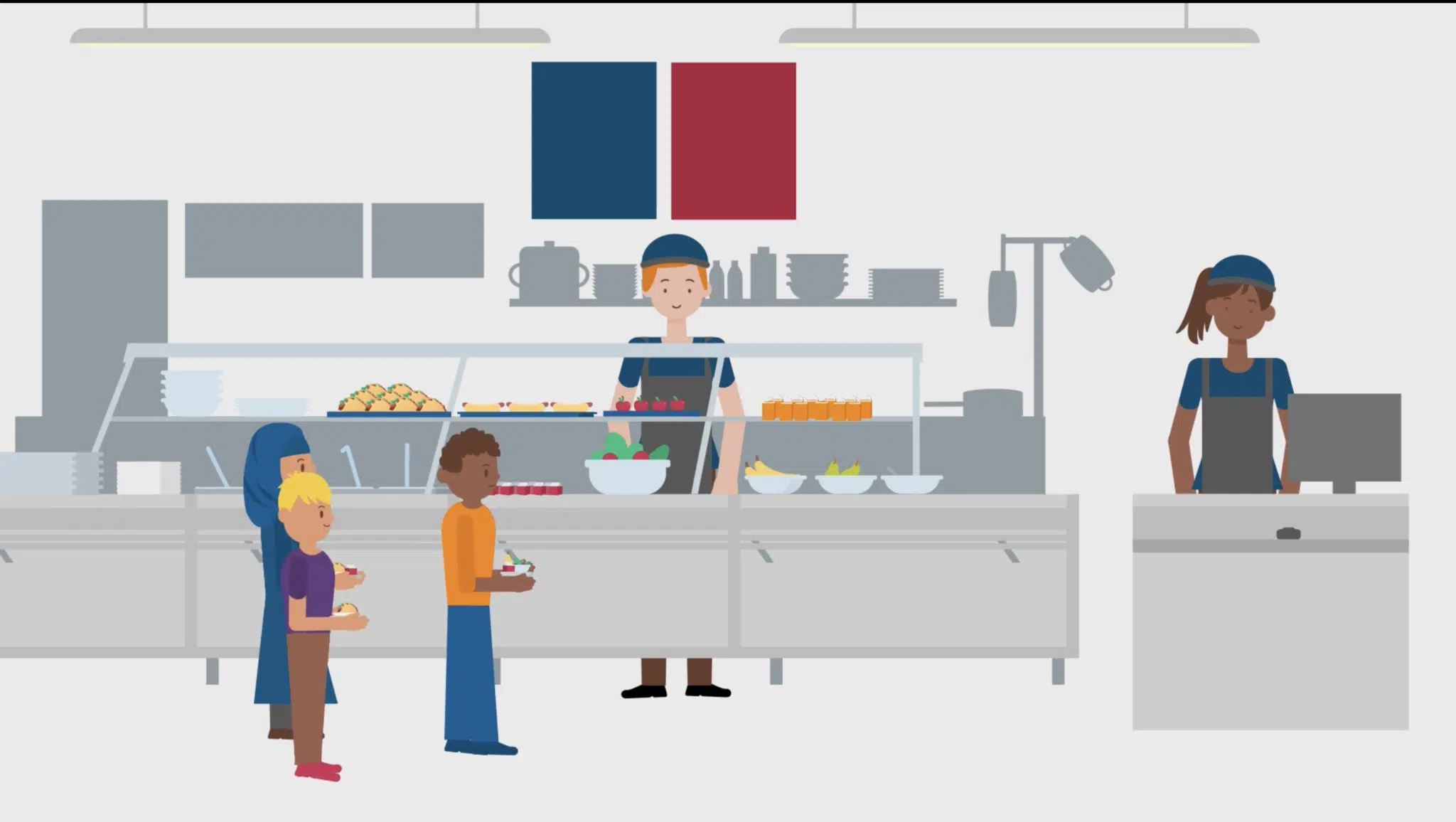 Graphic of students standing in a school lunch line, being served by Nutrition Services staff